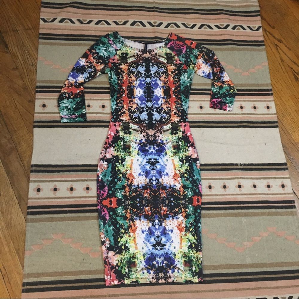Goodtime USA XS multi color mirror pattern bodycon midi dress